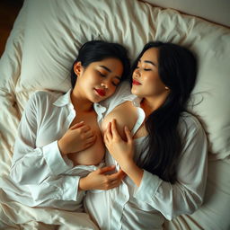 Two beautiful Indonesian women, both 20 years old with fair skin, lying on a soft bed together