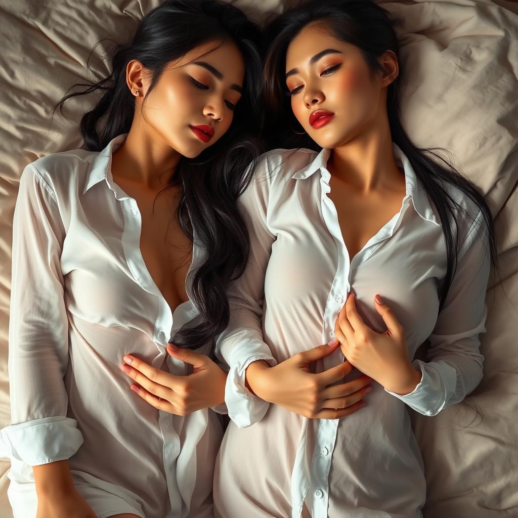 Two beautiful Indonesian women, both 20 years old with fair skin, lying on a soft bed together