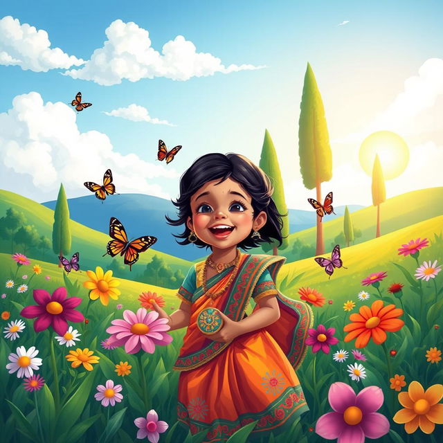 A beautifully illustrated, colorful portrait of an Indian child playing in a vibrant garden filled with flowers and butterflies, wearing traditional Indian attire with intricate patterns and bright colors