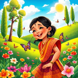 A beautifully illustrated, colorful portrait of an Indian child playing in a vibrant garden filled with flowers and butterflies, wearing traditional Indian attire with intricate patterns and bright colors