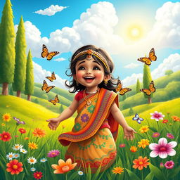 A beautifully illustrated, colorful portrait of an Indian child playing in a vibrant garden filled with flowers and butterflies, wearing traditional Indian attire with intricate patterns and bright colors