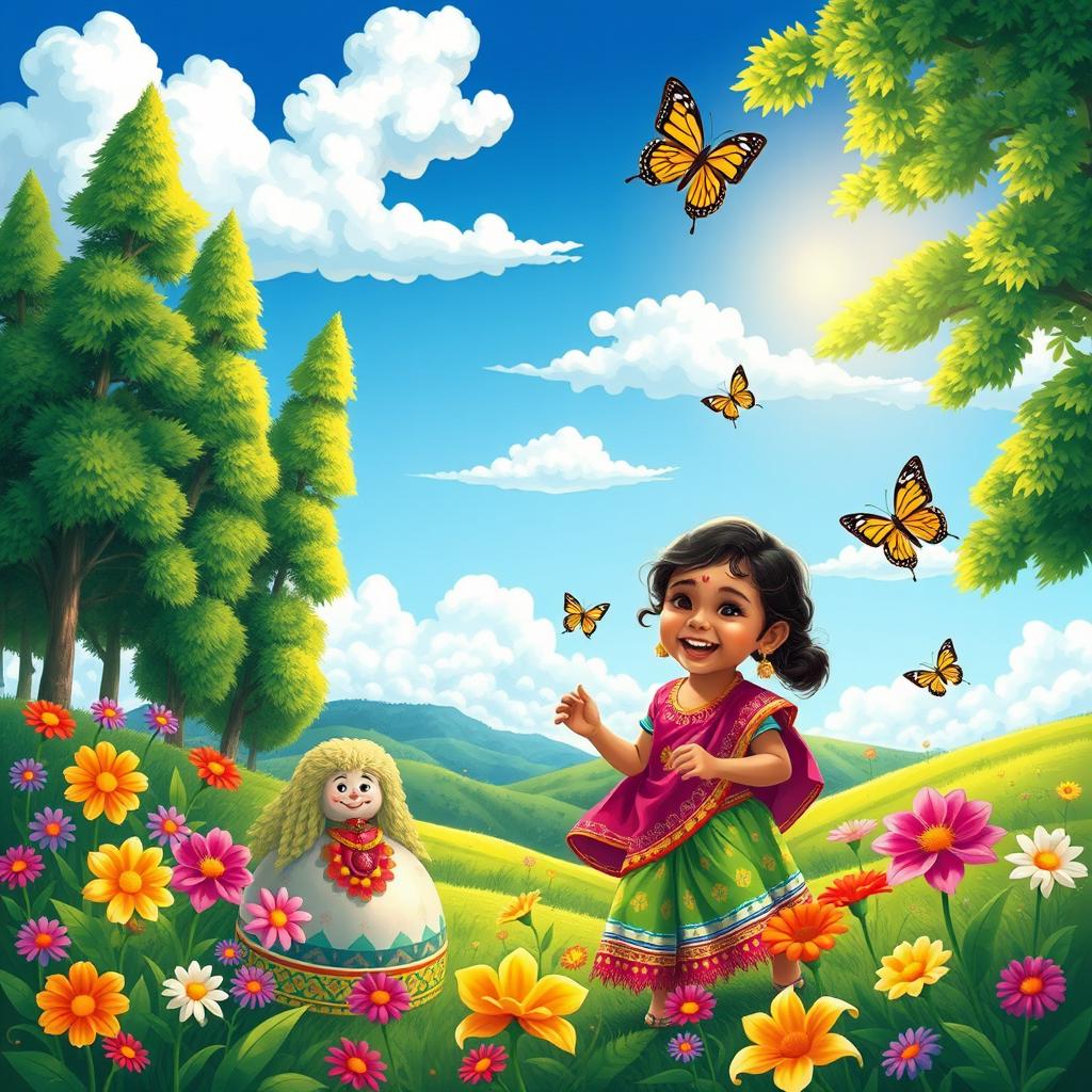 A beautifully illustrated, colorful portrait of an Indian child playing in a vibrant garden filled with flowers and butterflies, wearing traditional Indian attire with intricate patterns and bright colors