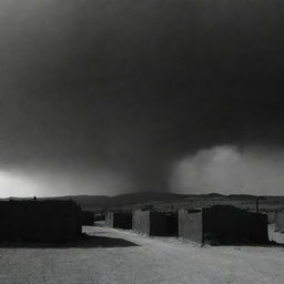 Abruptly, the desert sky transforms into an intimidating shade of jet black, plunging the once sun-bathed village into an eerie gloom.