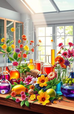 A visually stunning and detailed illustration showcasing the concept of organic chemistry in natural substances