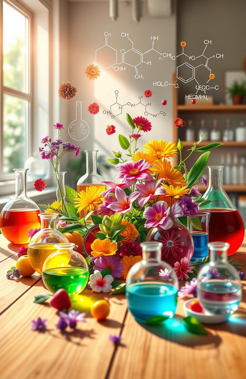 A visually stunning and detailed illustration showcasing the concept of organic chemistry in natural substances