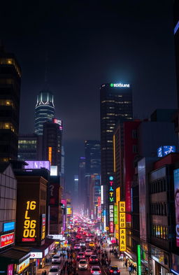 A vibrant, bustling city skyline at night, illuminated by a myriad of lights