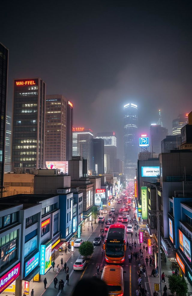 A vibrant, bustling city skyline at night, illuminated by a myriad of lights