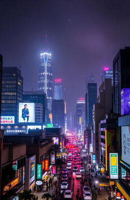 A vibrant, bustling city skyline at night, illuminated by a myriad of lights