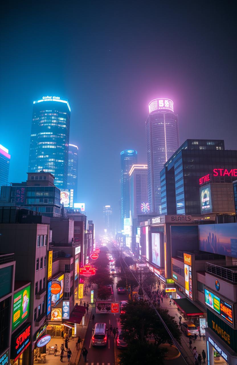 A vibrant, bustling city skyline at night, illuminated by a myriad of lights