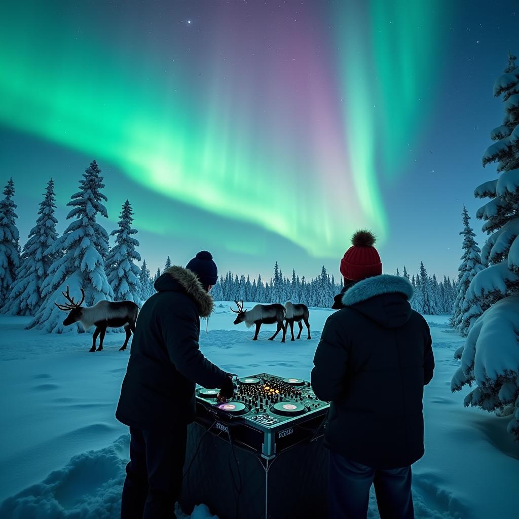 A breathtaking scene of DJs performing in the middle of untouched, pristine snowy Lapland, surrounded by an enchanting display of northern lights illuminating the night sky with vibrant hues of green, purple, and blue