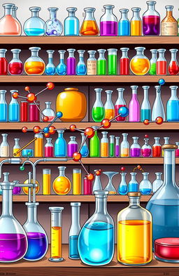 A detailed and vibrant illustration showcasing organic chemistry concepts, featuring colorful molecular structures, chemical reactions, and laboratory equipment