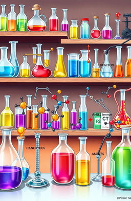 A detailed and vibrant illustration showcasing organic chemistry concepts, featuring colorful molecular structures, chemical reactions, and laboratory equipment