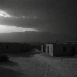 Abruptly, the desert sky transforms into an intimidating shade of jet black, plunging the once sun-bathed village into an eerie gloom.