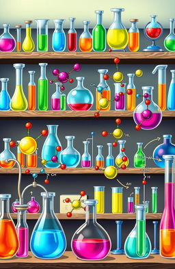 A detailed and vibrant illustration showcasing organic chemistry concepts, featuring colorful molecular structures, chemical reactions, and laboratory equipment