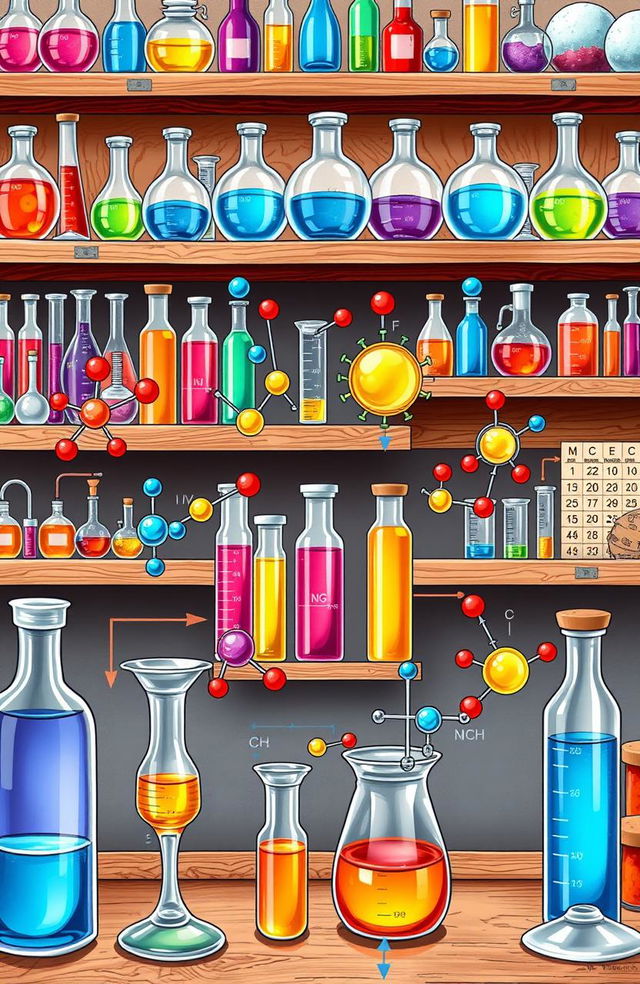 A detailed and vibrant illustration showcasing organic chemistry concepts, featuring colorful molecular structures, chemical reactions, and laboratory equipment