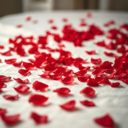 A romantic, serene scene featuring a multitude of delicate red rose petals scattered on a soft white surface