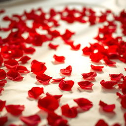 A romantic, serene scene featuring a multitude of delicate red rose petals scattered on a soft white surface
