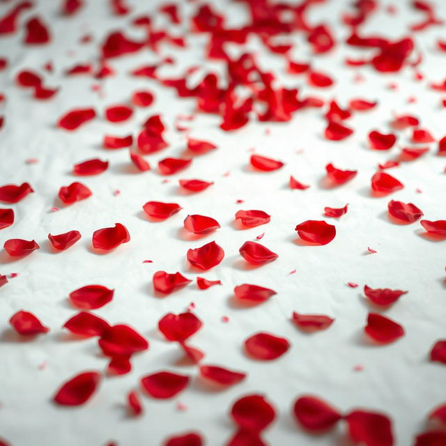 A romantic, serene scene featuring a multitude of delicate red rose petals scattered on a soft white surface