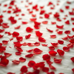 A romantic, serene scene featuring a multitude of delicate red rose petals scattered on a soft white surface