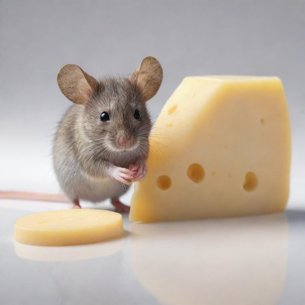 A realistic depiction of a mouse next to a piece of cheese