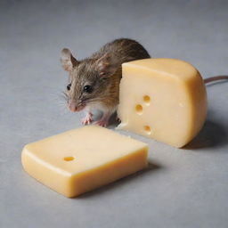 A realistic depiction of a mouse next to a piece of cheese