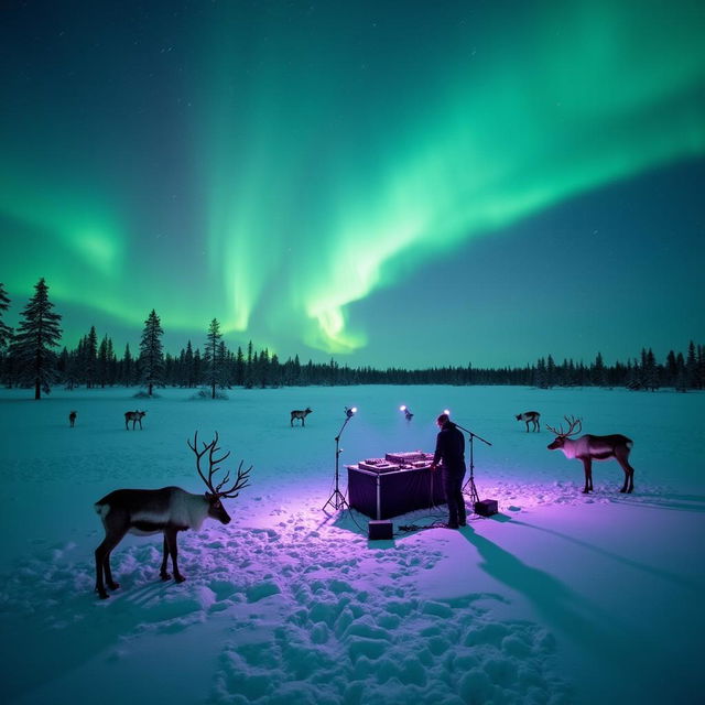 An enchanting scene featuring DJs performing in the untouched snowy landscapes of Lapland, with vibrant northern lights illuminating the sky in shades of green and purple