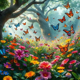 A breathtaking mystical butterfly garden, filled with an array of colorful butterflies fluttering around vibrant flowers