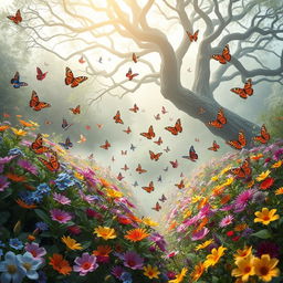 A breathtaking mystical butterfly garden, filled with an array of colorful butterflies fluttering around vibrant flowers