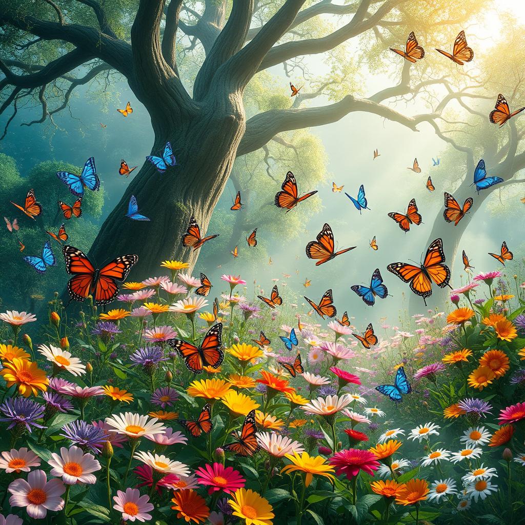 A breathtaking mystical butterfly garden, filled with an array of colorful butterflies fluttering around vibrant flowers