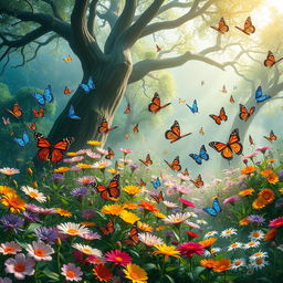 A breathtaking mystical butterfly garden, filled with an array of colorful butterflies fluttering around vibrant flowers