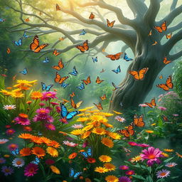 A breathtaking mystical butterfly garden, filled with an array of colorful butterflies fluttering around vibrant flowers