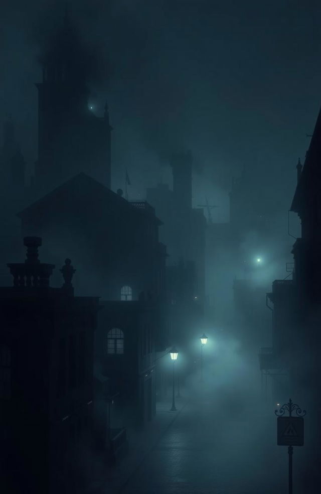 A dark city enveloped in thick fog, with small glowing light sources scattered throughout the scene