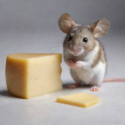 A realistic depiction of a mouse next to a piece of cheese