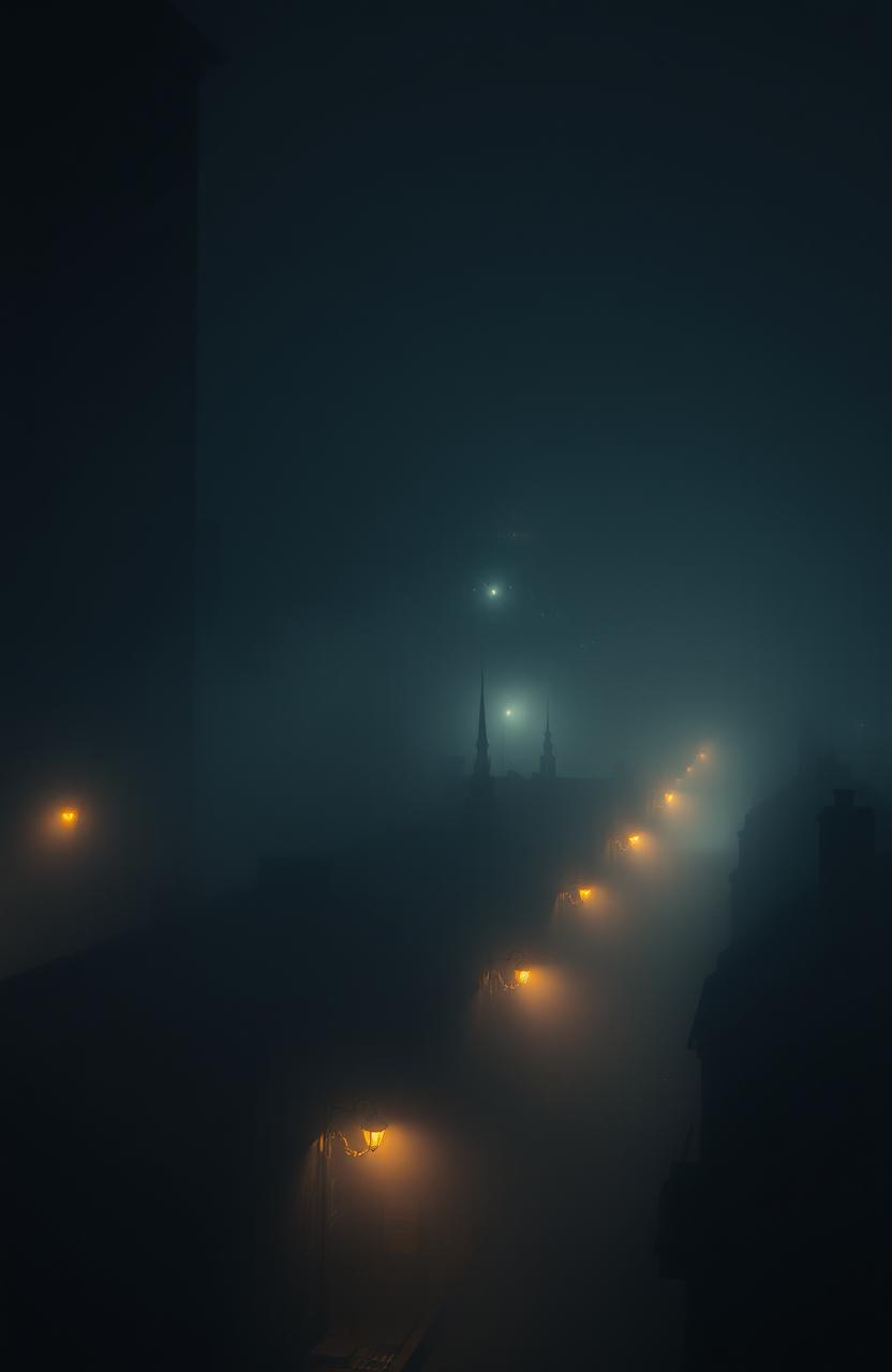 A dark city enveloped in thick fog, with small glowing light sources scattered throughout the scene