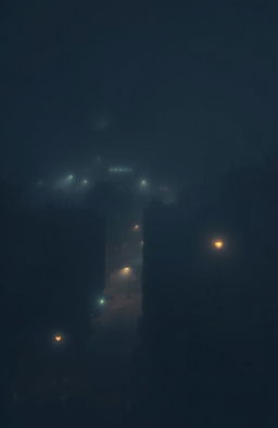 A dark city enveloped in thick fog, with small glowing light sources scattered throughout the scene