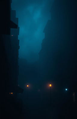 A dark city enveloped in thick fog, with small glowing light sources scattered throughout the scene