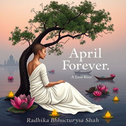 A book cover design featuring a slim woman sitting under a large tree on the banks of the Ganges river during dusk