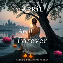 A book cover design featuring a slim woman sitting under a large tree on the banks of the Ganges river during dusk