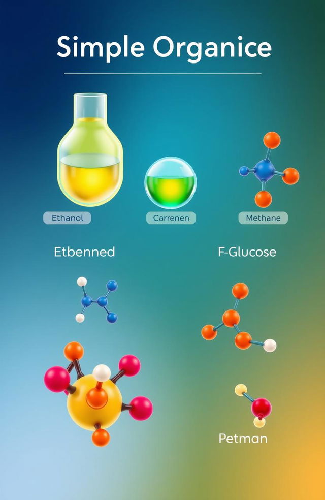 An educational illustration of simple organic chemistry concepts, featuring molecular structures of common organic compounds, such as ethanol, glucose, and methane