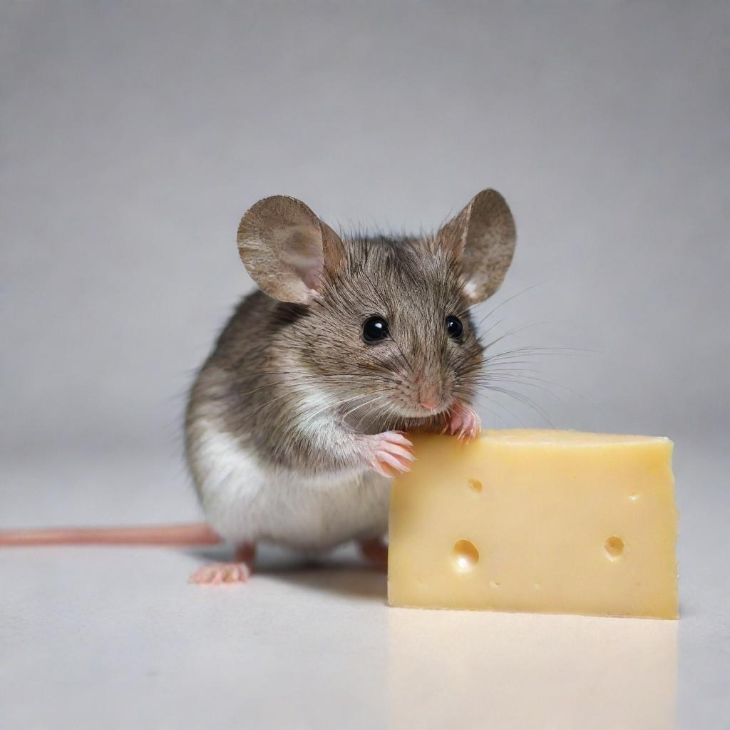 A realistic depiction of a mouse next to a piece of cheese