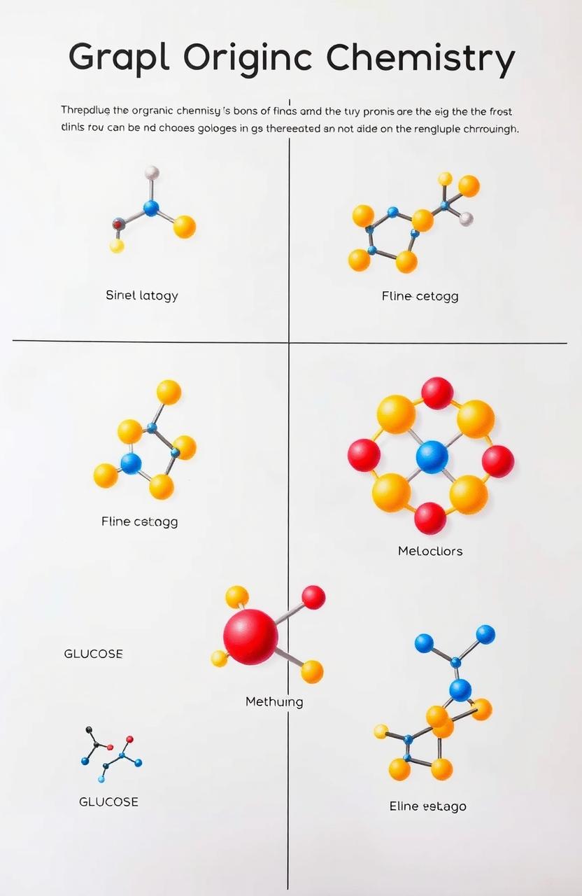 An educational illustration of simple organic chemistry concepts, featuring molecular structures of common organic compounds, such as ethanol, glucose, and methane