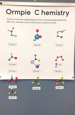 An educational illustration of simple organic chemistry concepts, featuring molecular structures of common organic compounds, such as ethanol, glucose, and methane