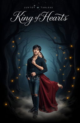 The cover of 'King of Hearts' features Jungkook and Delilah in a shadowy, enchanted forest, surrounded by dark, twisted trees and glowing fairy lights