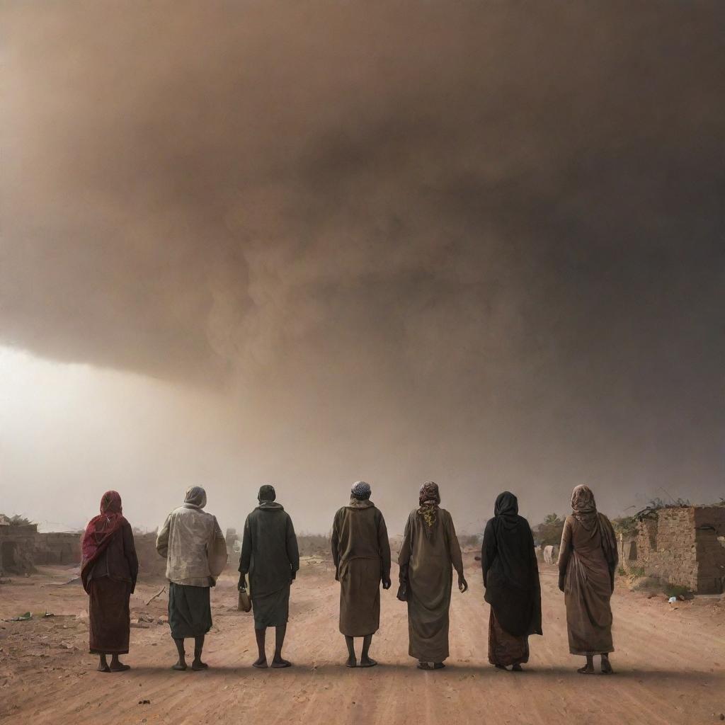 The village inhabitants look up, faces aghast, as their routine life is disrupted by the sudden, darkening sky turned ominous by the impending sandstorm.