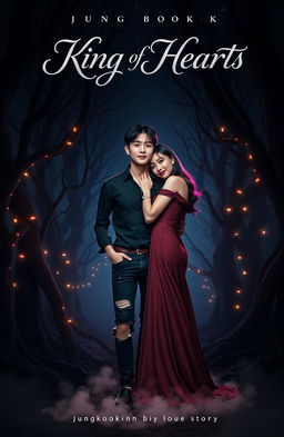 The cover of 'King of Hearts' features Jungkook and Delilah in a shadowy, enchanted forest, surrounded by dark, twisted trees and glowing fairy lights