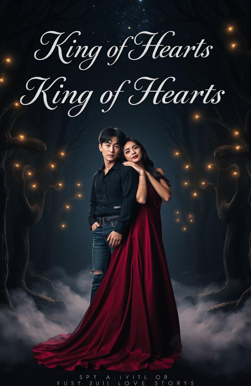 The cover of 'King of Hearts' features Jungkook and Delilah in a shadowy, enchanted forest, surrounded by dark, twisted trees and glowing fairy lights