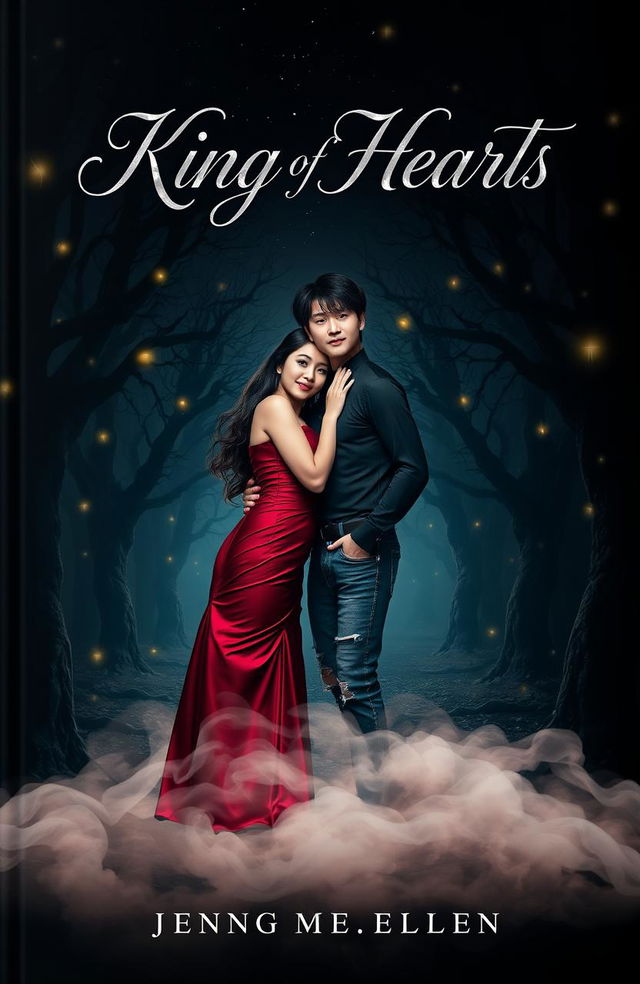 The cover of 'King of Hearts' features Jungkook and Delilah in a shadowy, enchanted forest, surrounded by dark, twisted trees and glowing fairy lights