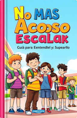 A colorful and engaging book cover design featuring a diverse group of school children standing united against bullying