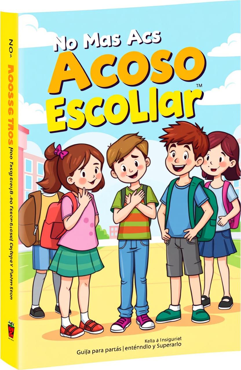 A colorful and engaging book cover design featuring a diverse group of school children standing united against bullying