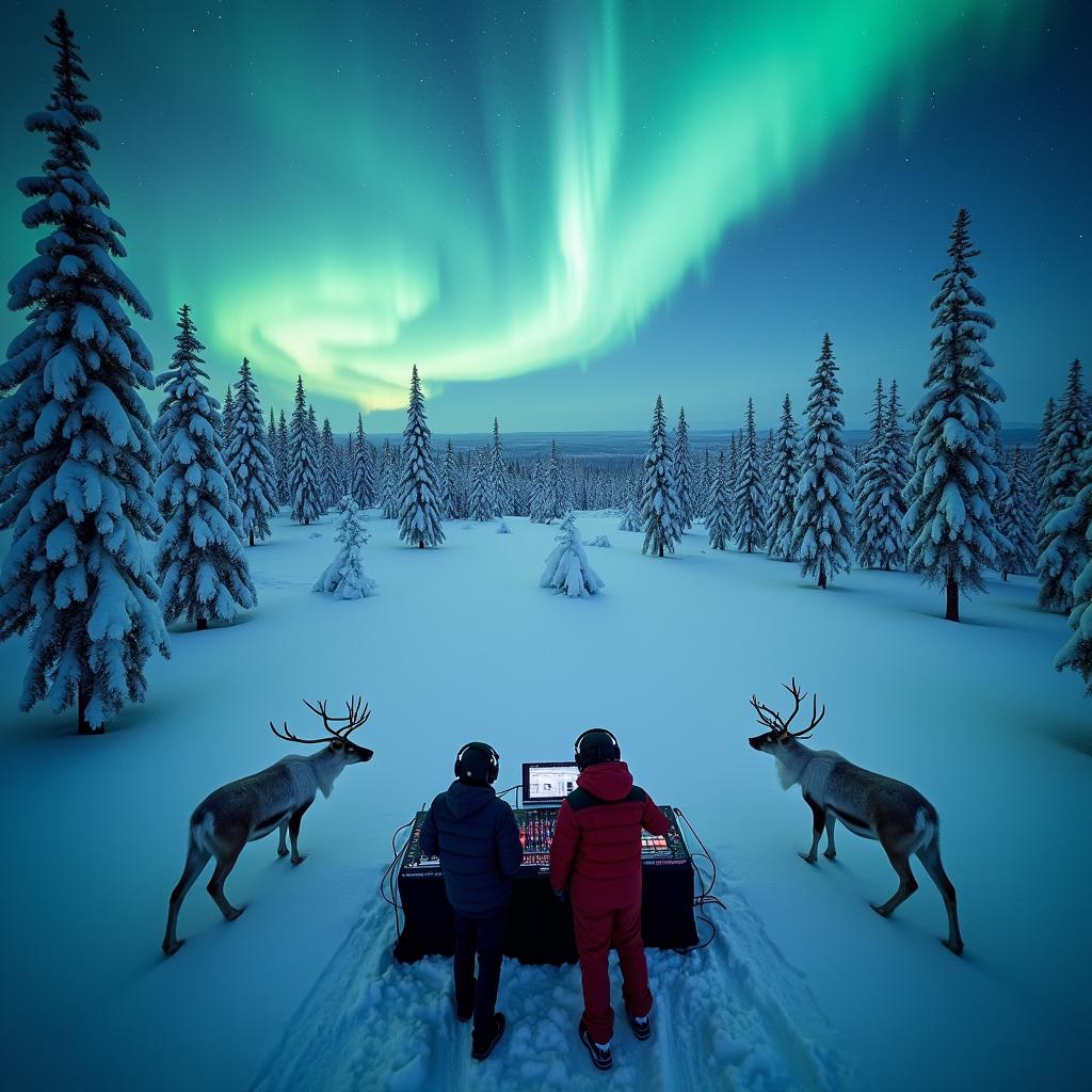 An impressive aerial view of two DJs energetically performing at the top of a pristine, untouched snowy hill in Lapland